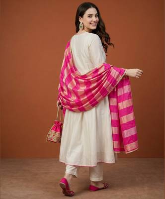Women's Gorgeous Embroidery Silk Fabric Flared Anarkali Pant and Dupatta Set 4