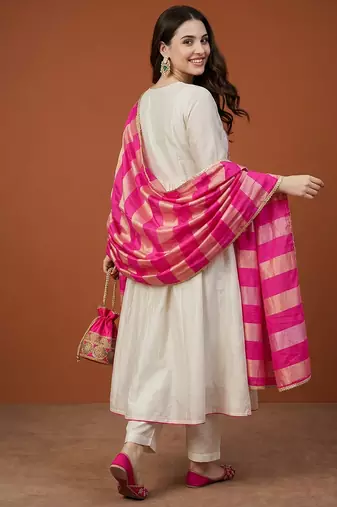 Women's Gorgeous Embroidery Silk Fabric Flared Anarkali Pant and Dupatta Set