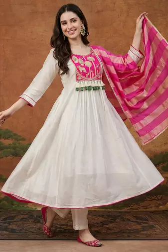 Women's Gorgeous Embroidery Silk Fabric Flared Anarkali Pant and Dupatta Set