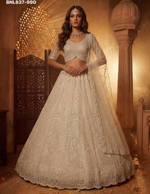 Off-White Net Embroidered Bridal Reception Lehenga Choli Set 2