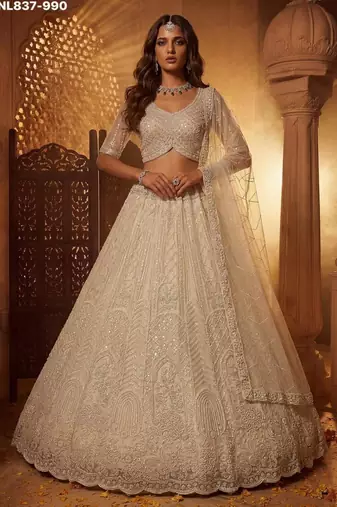 Off-White Net Embroidered Bridal Reception Lehenga Choli Set