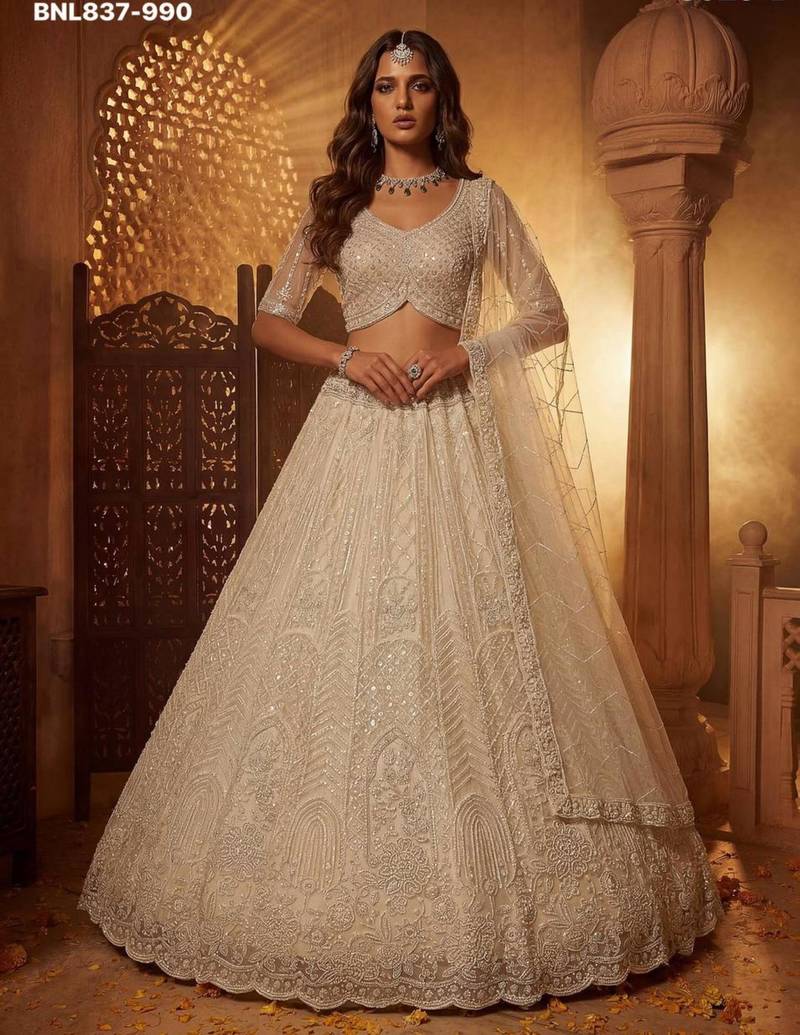 Off-White Net Embroidered Bridal Reception Lehenga Choli Set