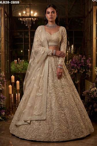 Beige Net Heavily Embroidered Bridal Reception Lehenga Choli Set