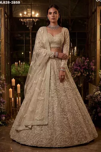 Beige Net Heavily Embroidered Bridal Reception Lehenga Choli Set