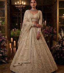 Beige Net Heavily Embroidered Bridal Reception Lehenga Choli Set