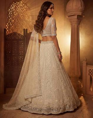 Off-White Net Embroidered Bridal Reception Lehenga Choli Set 3
