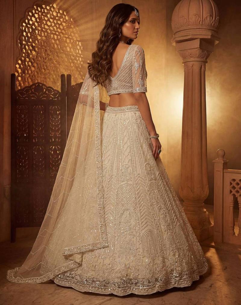 Off-White Net Embroidered Bridal Reception Lehenga Choli Set
