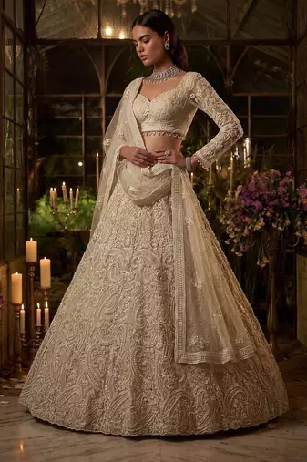 Beige Net Heavily Embroidered Bridal Reception Lehenga Choli Set