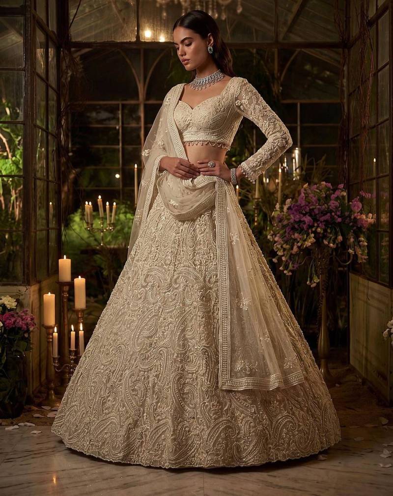 Beige Net Heavily Embroidered Bridal Reception Lehenga Choli Set