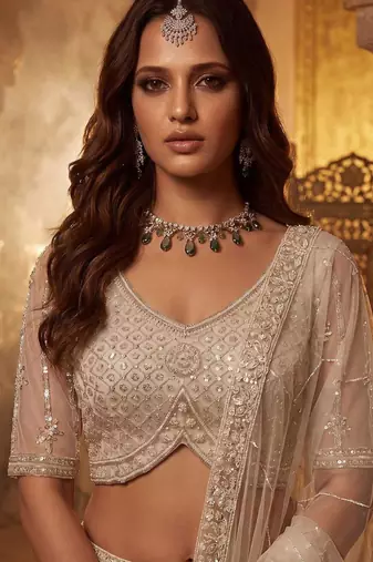 Off-White Net Embroidered Bridal Reception Lehenga Choli Set
