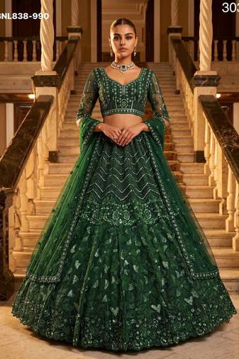 Green Net Embroidered Heavy Festive Lehenga Choli Set