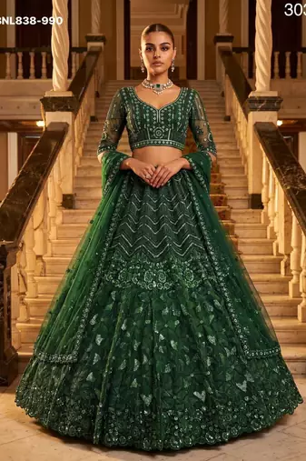 Green Net Embroidered Heavy Festive Lehenga Choli Set