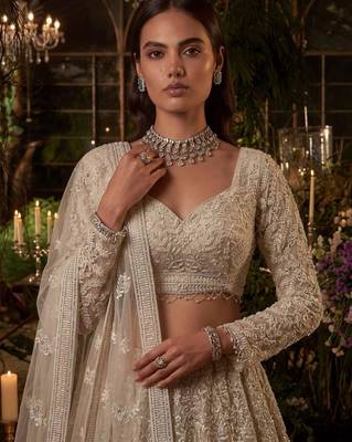 Beige Net Heavily Embroidered Bridal Reception Lehenga Choli Set 3