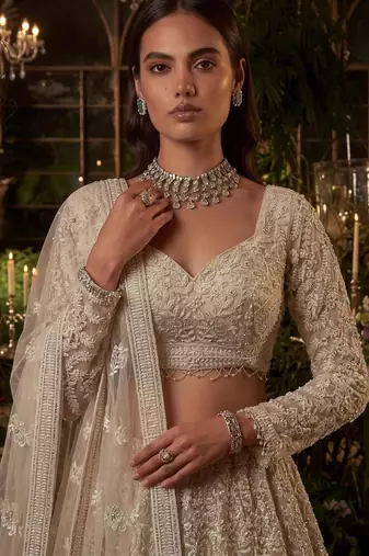 Beige Net Heavily Embroidered Bridal Reception Lehenga Choli Set