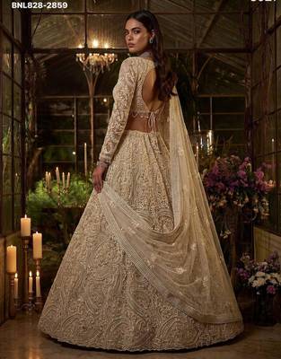 Beige Net Heavily Embroidered Bridal Reception Lehenga Choli Set 4