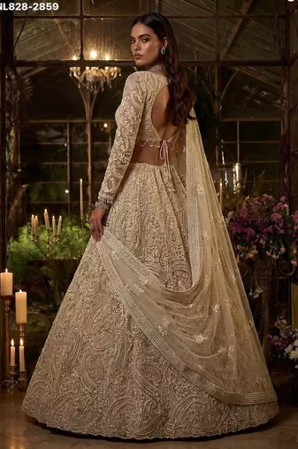 Beige Net Heavily Embroidered Bridal Reception Lehenga Choli Set