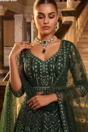 Green Net Embroidered Heavy Festive Lehenga Choli Set