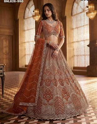 Orange Net Sequins Embroidered Festive Lehenga Choli Set 1