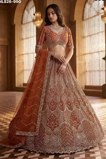 Orange Net Sequins Embroidered Festive Lehenga Choli Set