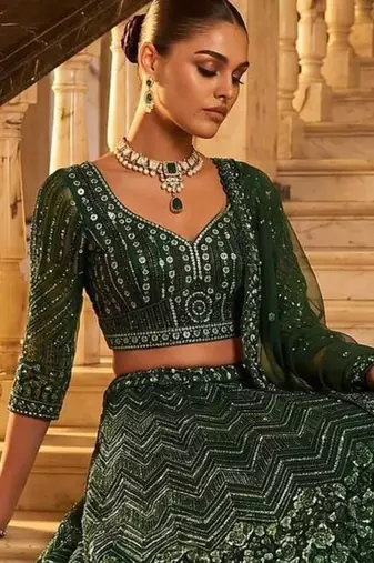 Green Net Embroidered Heavy Festive Lehenga Choli Set