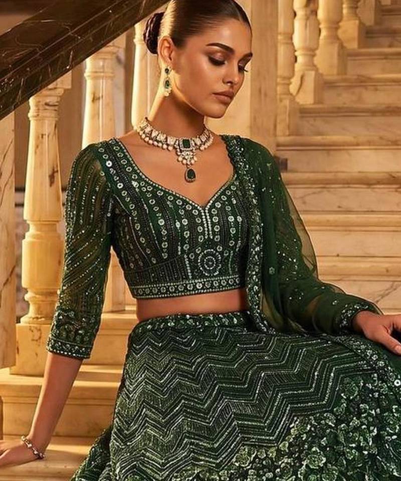 Green Net Embroidered Heavy Festive Lehenga Choli Set