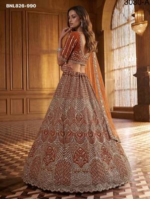 Orange Net Sequins Embroidered Festive Lehenga Choli Set 2