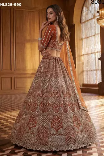 Orange Net Sequins Embroidered Festive Lehenga Choli Set