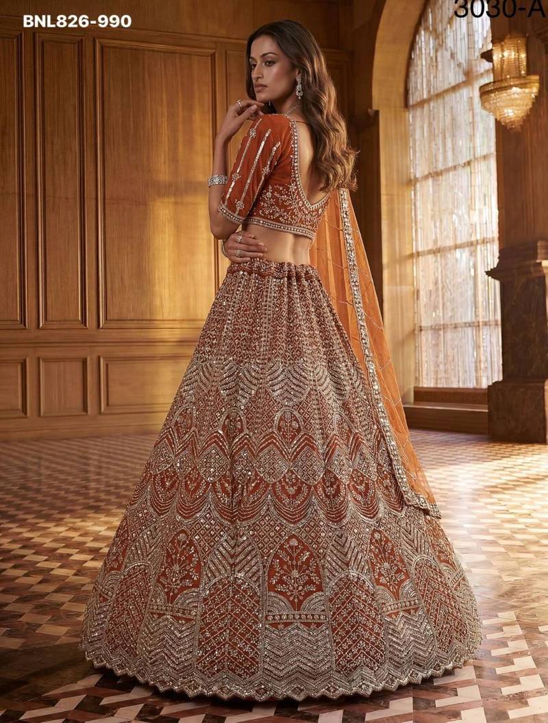 Orange Net Sequins Embroidered Festive Lehenga Choli Set