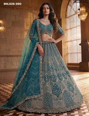 Blue Net Sequins Embroidered Party Wear Lehenga Choli Set 1