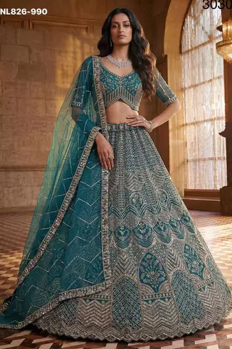 Blue Net Sequins Embroidered Party Wear Lehenga Choli Set
