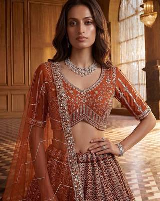 Orange Net Sequins Embroidered Festive Lehenga Choli Set 3