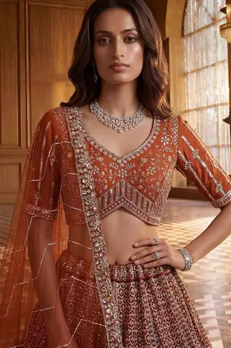 Orange Net Sequins Embroidered Festive Lehenga Choli Set