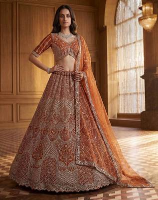 Orange Net Sequins Embroidered Festive Lehenga Choli Set 4