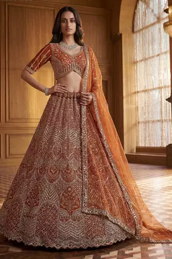 Orange Net Sequins Embroidered Festive Lehenga Choli Set