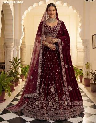 Maroon Velvet Embroidered Heavy Bridal Lehenga Choli Set 1