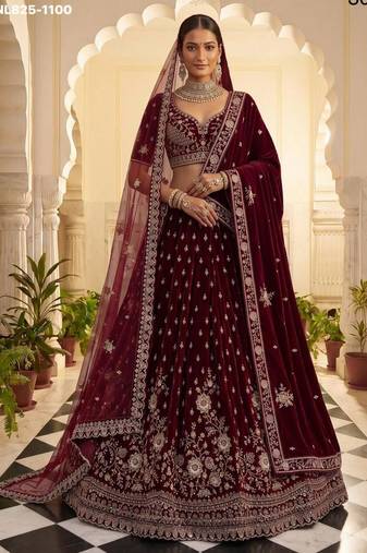 Maroon Velvet Embroidered Heavy Bridal Lehenga Choli Set