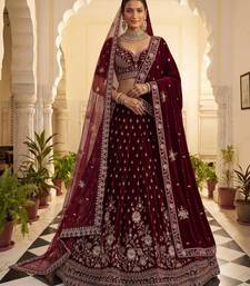 Maroon Velvet Embroidered Heavy Bridal Lehenga Choli Set