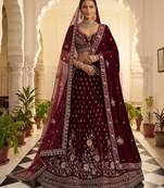 Maroon Velvet Embroidered Heavy Bridal Lehenga Choli Set