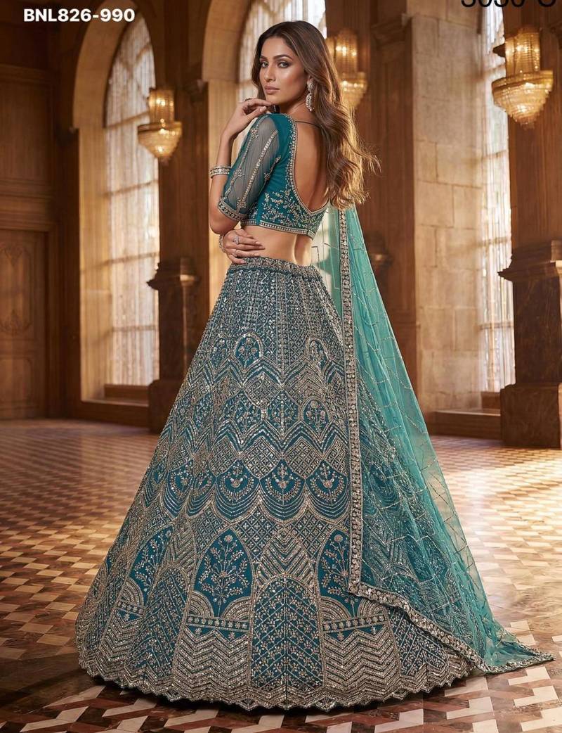 Blue Net Sequins Embroidered Party Wear Lehenga Choli Set