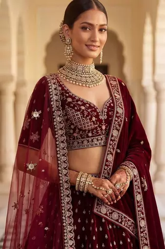 Maroon Velvet Embroidered Heavy Bridal Lehenga Choli Set