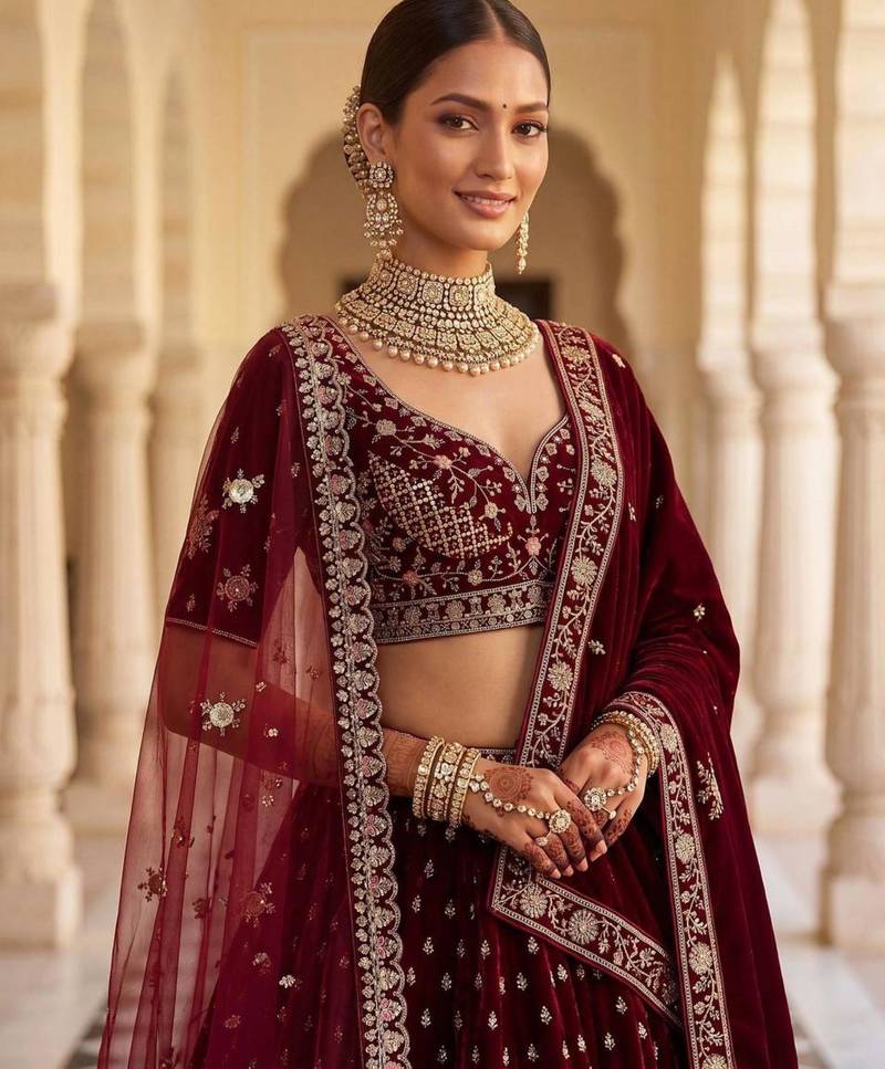 Maroon Velvet Embroidered Heavy Bridal Lehenga Choli Set