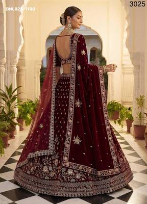 Maroon Velvet Embroidered Heavy Bridal Lehenga Choli Set 3