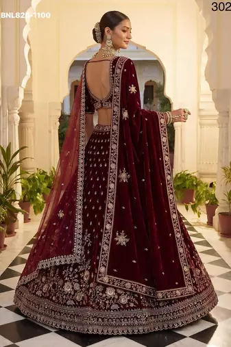 Maroon Velvet Embroidered Heavy Bridal Lehenga Choli Set
