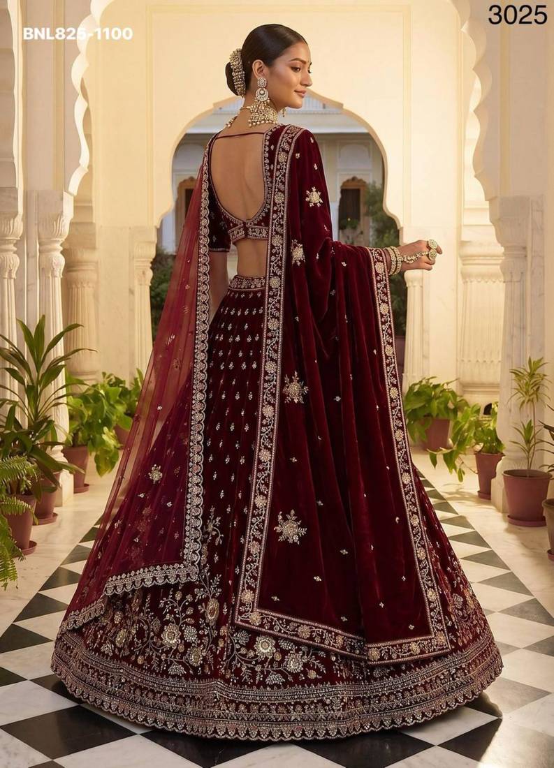 Maroon Velvet Embroidered Heavy Bridal Lehenga Choli Set