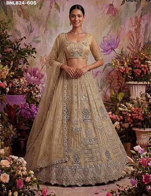 Beige Net Embroidered Designer Lehenga Choli Set 1