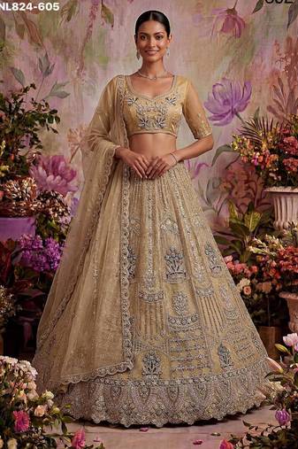 Beige Net Embroidered Designer Lehenga Choli Set