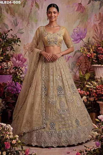 Beige Net Embroidered Designer Lehenga Choli Set