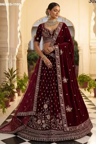 Maroon Velvet Embroidered Heavy Bridal Lehenga Choli Set