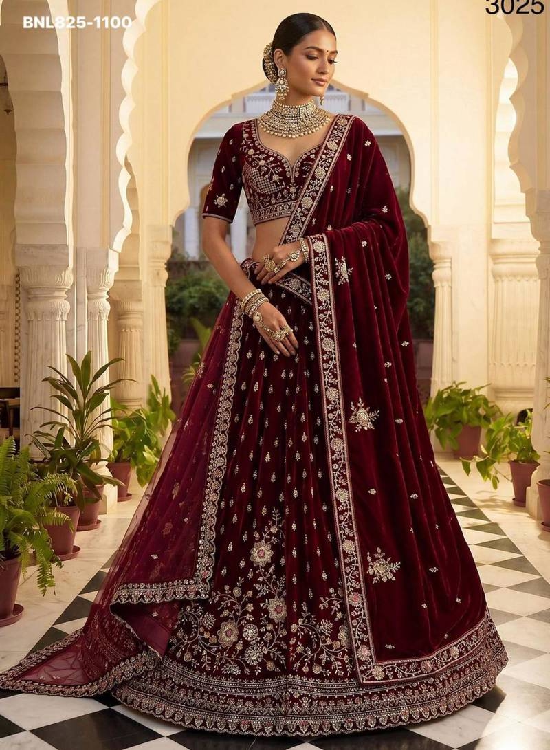 Maroon Velvet Embroidered Heavy Bridal Lehenga Choli Set