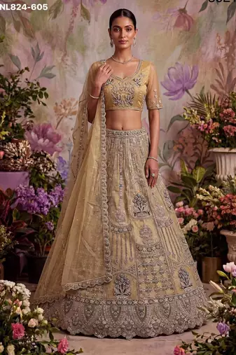 Beige Net Embroidered Designer Lehenga Choli Set